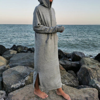 Sudadera holgada informal de punto de color liso con capucha y manga larga para mujer, vestido de talla grande