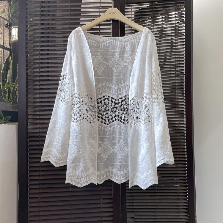 Chaqueta informal de color liso con manga larga bordada y protección solar para mujer