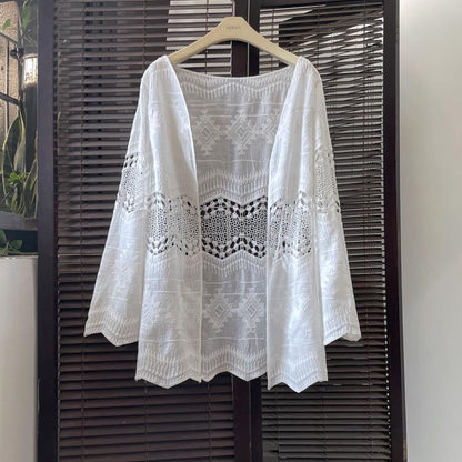 Chaqueta informal de color liso con manga larga bordada y protección solar para mujer