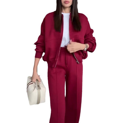 Fall Winter Women Fashion Simple Zipper Sweatshirt Jacket Casual Straight Leg Pants Set