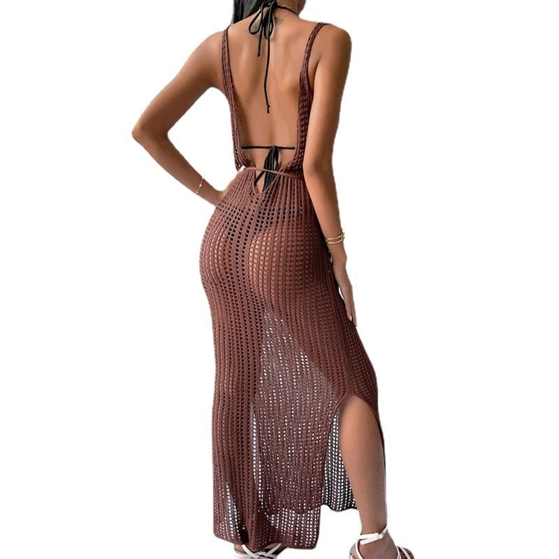Vestido largo playero de punto calado, informal, de color liso, para vacaciones, para mujer