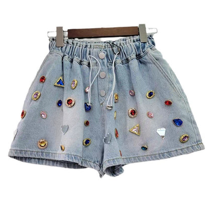 Women Fashion Casual Multicolor Rhinestone Loose High Waist Wide Leg Denim Shorts