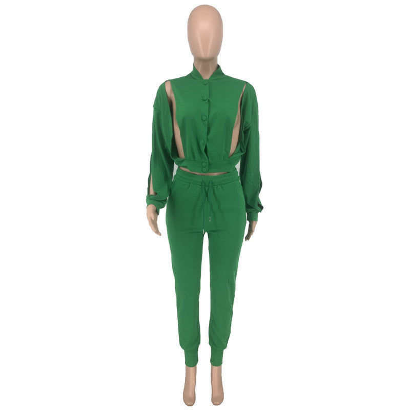 Conjunto de 2 piezas de blusa informal con cuello alto, manga larga, botonadura sencilla, abertura lateral, pantalones con cintura definida y cordones para mujer