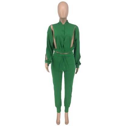 Conjunto de 2 piezas de blusa informal con cuello alto, manga larga, botonadura sencilla, abertura lateral, pantalones con cintura definida y cordones para mujer