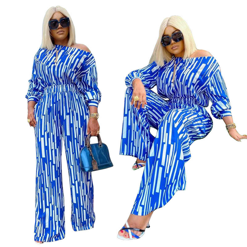 Plus Size Women Stripe Print Long-Sleeved Shoulder Loose Casual Two Pieces Suit