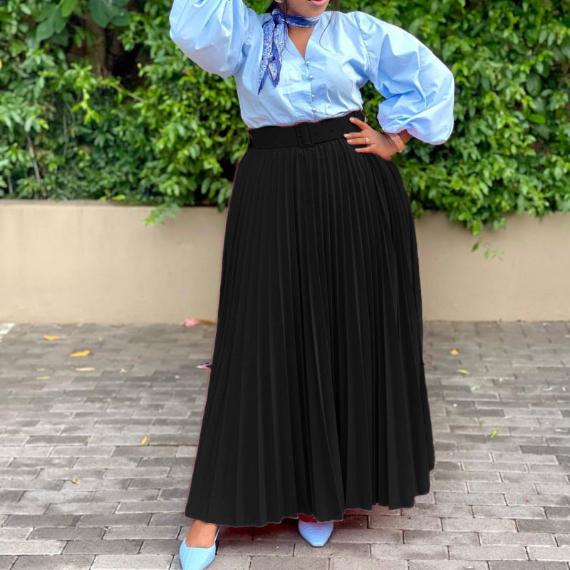 Women Solid Color High Waist Pleated Fashion Casual Loose Long Skirts