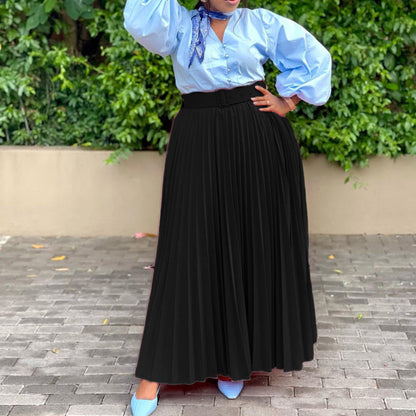Women Solid Color High Waist Pleated Fashion Casual Loose Long Skirts