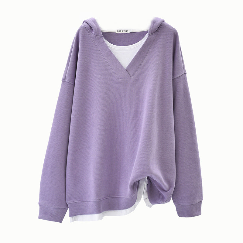 Sudadera con capucha informal de color liso con cuello en V y costuras para mujer