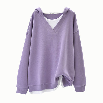 Sudadera con capucha informal de color liso con cuello en V y costuras para mujer