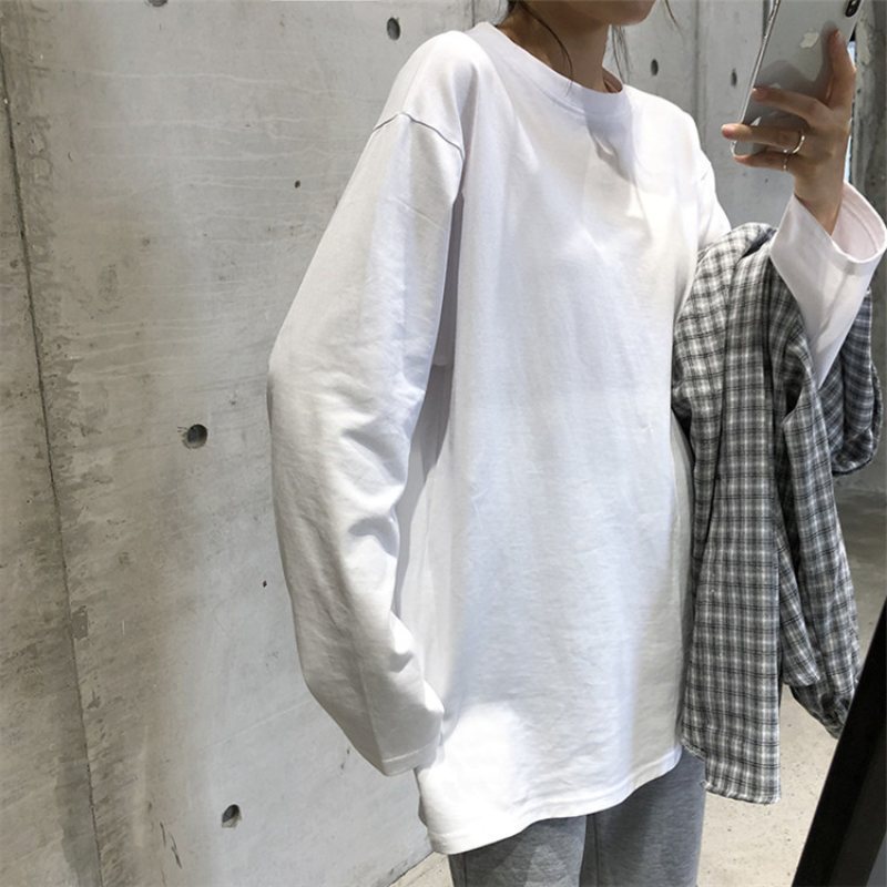 Camiseta informal holgada de manga larga con cuello redondo para mujer