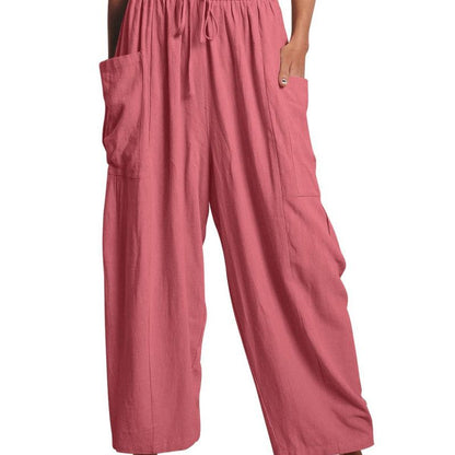 Pantalones cargo informales para mujer, con cintura elástica, plisados, de cintura alta, anchos y holgados, de algodón y lino con bolsillos.