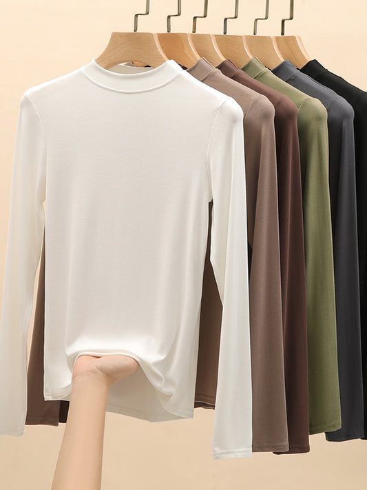 Camiseta informal de manga larga con cuello redondo, color liso y media caña para mujer