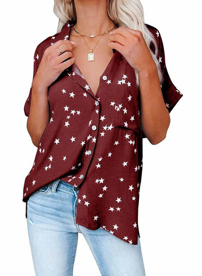 Summer Casual Women Star Print V-Neck Bat Short Sleeve Shirt Blouse