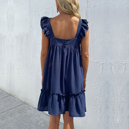 Women Casual Solid Color Loose Ruffled Sling Dress