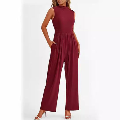 Summer Women Casual Solid Color Sleeveless Pocket Jumpsuit