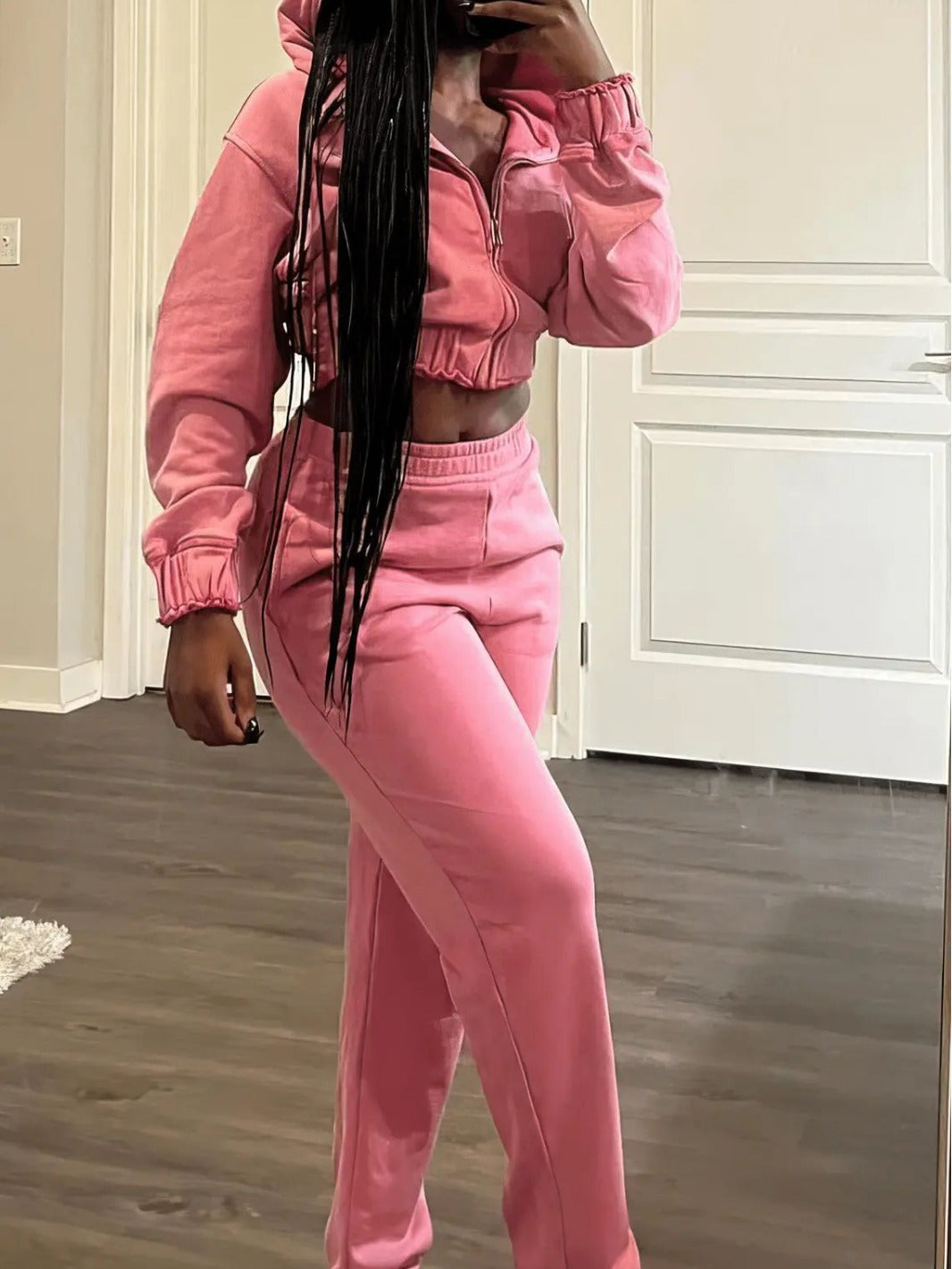 Conjunto de dos piezas de sudadera y pantalones ajustados con cremallera de color liso informal para mujer