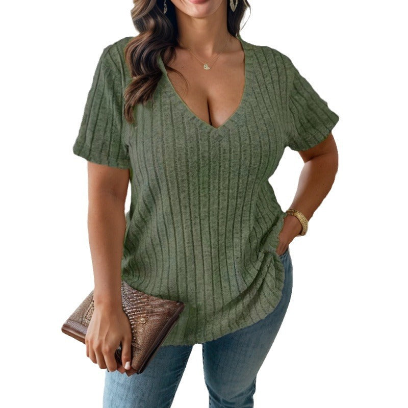Women Casual Plus Size Solid Color Stripe V-Neck Short-Sleeve T-Shirt