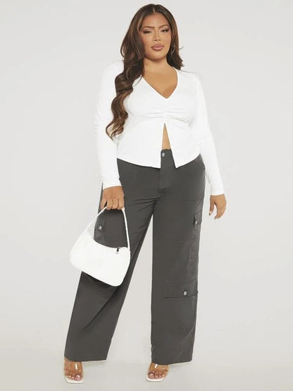 Camiseta informal de manga larga con abertura y cuello en V de color liso para mujer, talla grande