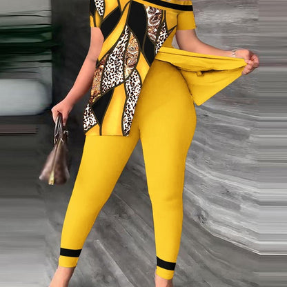 Conjunto de dos piezas con top y pantalones ajustados y escote barco con estampado de leopardo para mujer