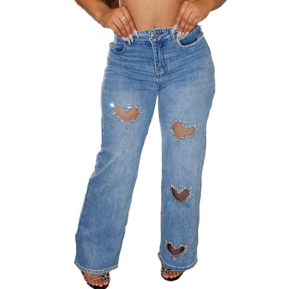 Vaqueros casuales con diamantes de imitación calados a la moda para mujer