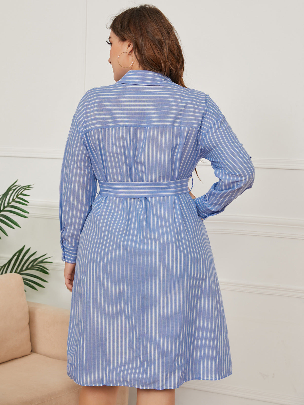 Women Fashion Casual Plus Size Stripe Lapel Long-Sleeve Single Breasted Lace-Up Dress