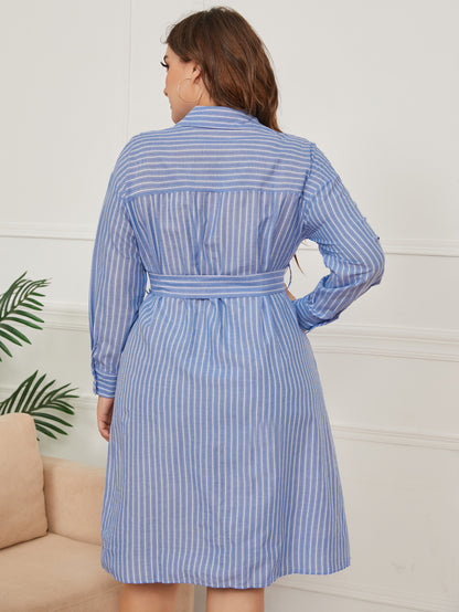Women Fashion Casual Plus Size Stripe Lapel Long-Sleeve Single Breasted Lace-Up Dress