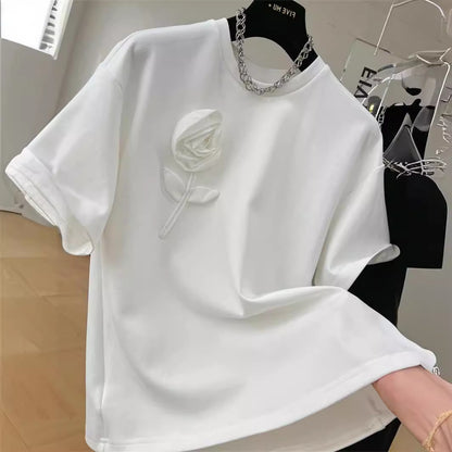 Camisetas casuales de algodón con cuello redondo y flores para mujer