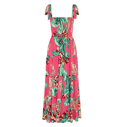 Women Casual Floral Printing Lace-Up Maxi Camisole Dress