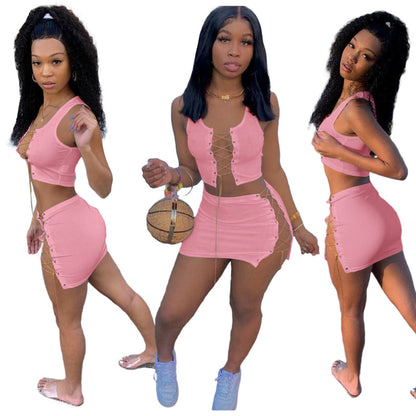 Women Fashion Casual Solid Color Hollow Mental Chain Strap Crop Top And Skirt Two Pieces Set