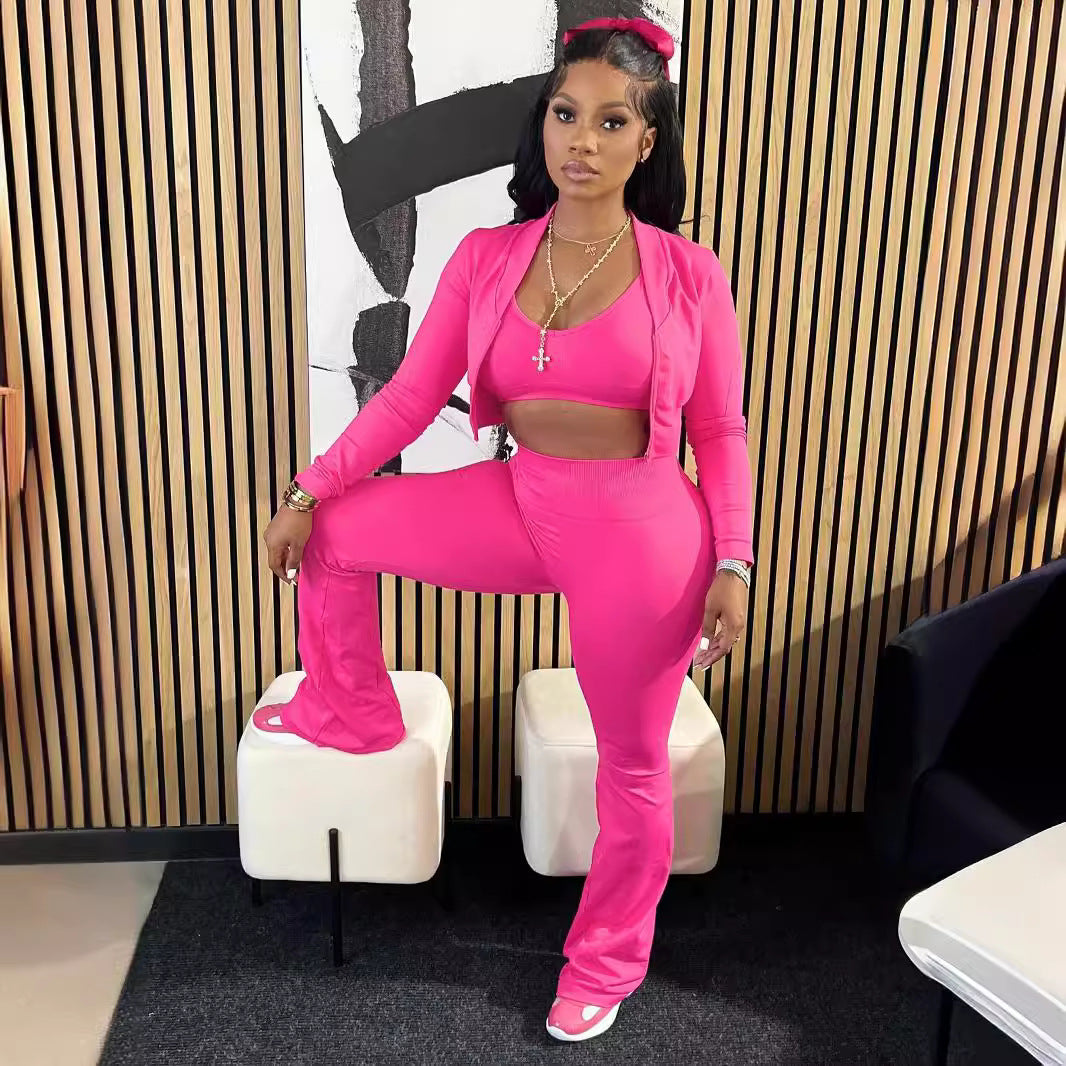 Women Fashion Casual Solid Color Camisole Long Sleeve Cardigan Top Tight Pants Three-Piece Set