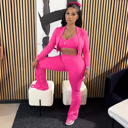 Women Fashion Casual Solid Color Camisole Long Sleeve Cardigan Top Tight Pants Three-Piece Set