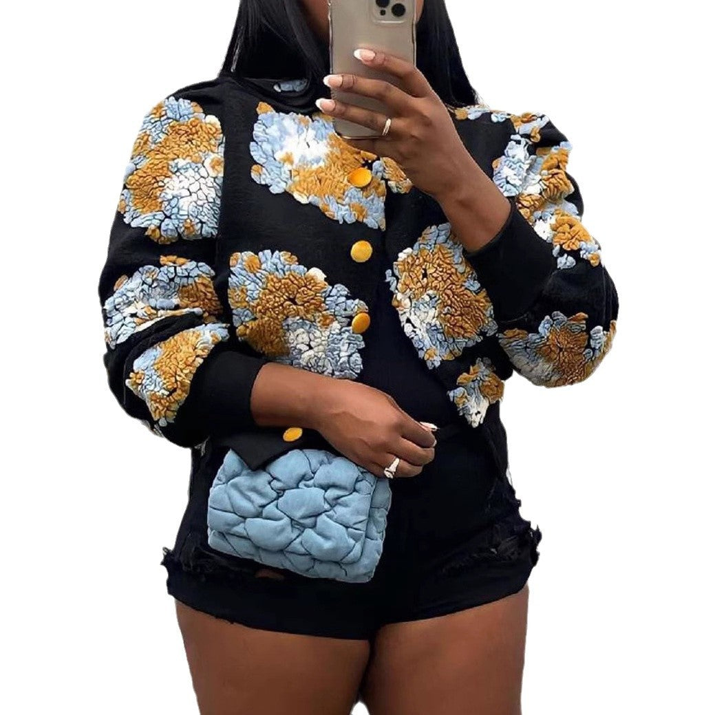 Chaqueta informal de felpa con cuello redondo y manga larga de jacquard para mujer