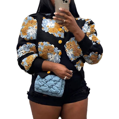 Chaqueta informal de felpa con cuello redondo y manga larga de jacquard para mujer