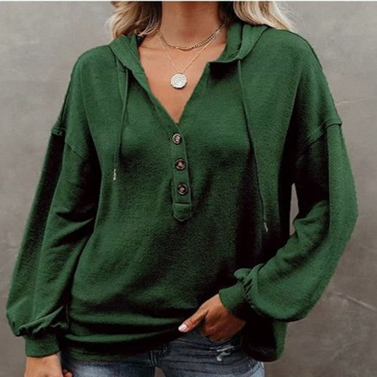 Women Casual Solid Color Long Sleeves Hooded Loose Solid Color Top