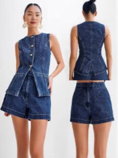 Conjunto de dos piezas de chaleco sin mangas informal y pantalones cortos vaqueros para mujer