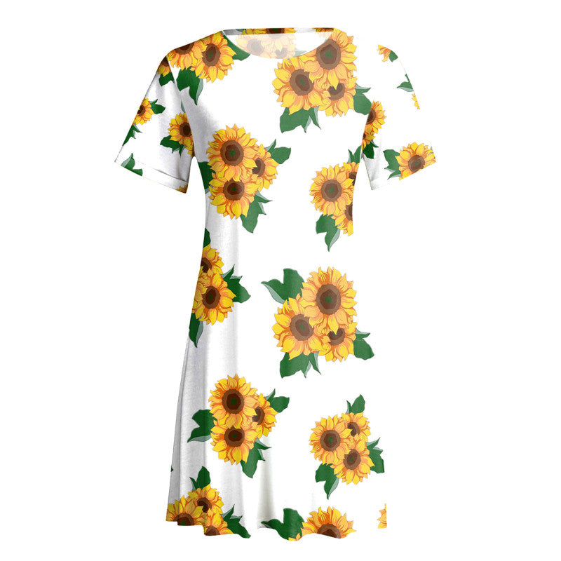 Crewneck Floral Sunflower Printed Women Casual Short Sleeve Pocket Dress