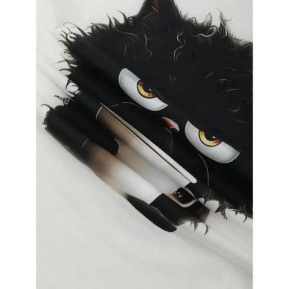 Camiseta informal de manga corta con estampado de gato para mujer