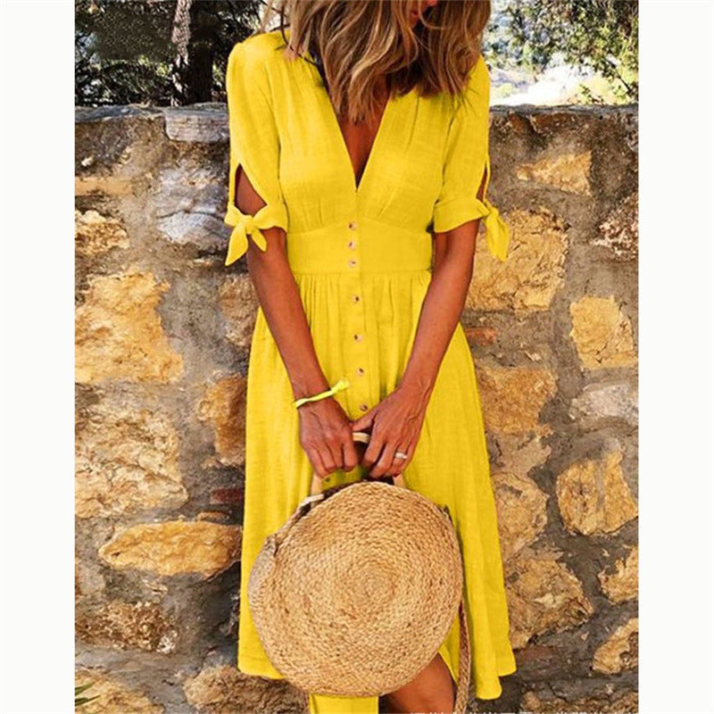 Vestido midi informal de vacaciones para mujer, color liso, con escote en V y media manga anudada