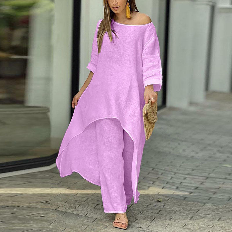Conjunto de top y pantalones anchos de manga larga irregulares de algodón y lino de color liso informal para mujer