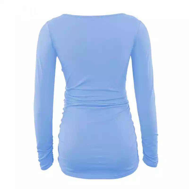 Camiseta informal de manga larga ajustada con cuello redondo y color liso para embarazadas