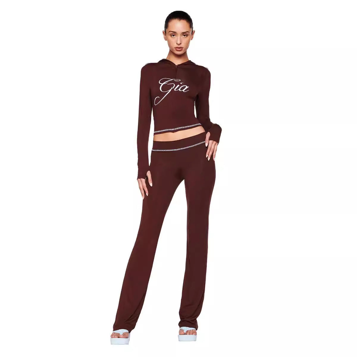 Conjunto de dos piezas de pantalones casuales de cintura alta sin tirantes con estampado en caliente para mujer