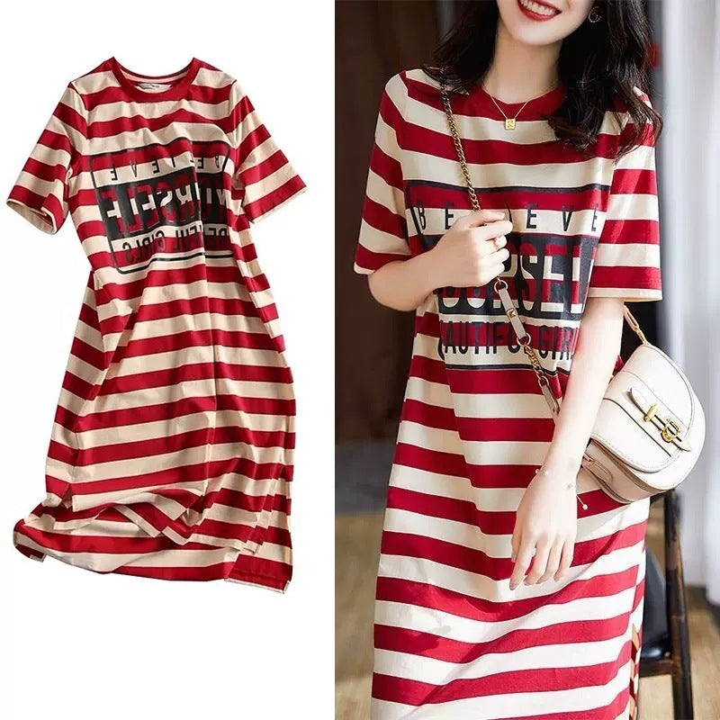 Women Fashion Casual Stripe Printing Short Sleeve Loose Dress
