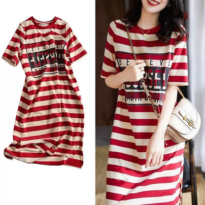 Women Fashion Casual Stripe Printing Short Sleeve Loose Dress