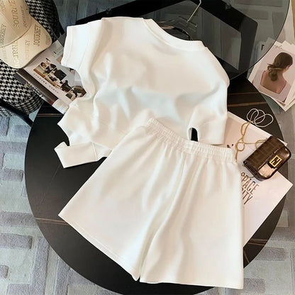 Solid Color Casual Sports Women Summer Fashionable Heart Short-Sleeve T-Shirt Shorts Two-Piece Set