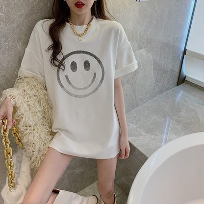 Camiseta básica informal de verano para mujer, holgada, con estampado de sonrisas y manga corta