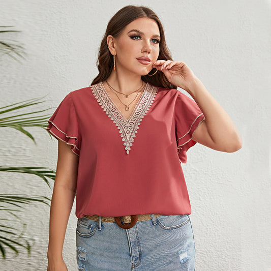 Blusa informal de verano con encaje rojo parduzco, cuello en V, holgada, con volantes y manga corta, talla grande para mujer