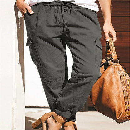 Pantalones cargo con bolsillos casuales de moda de color sólido para mujer