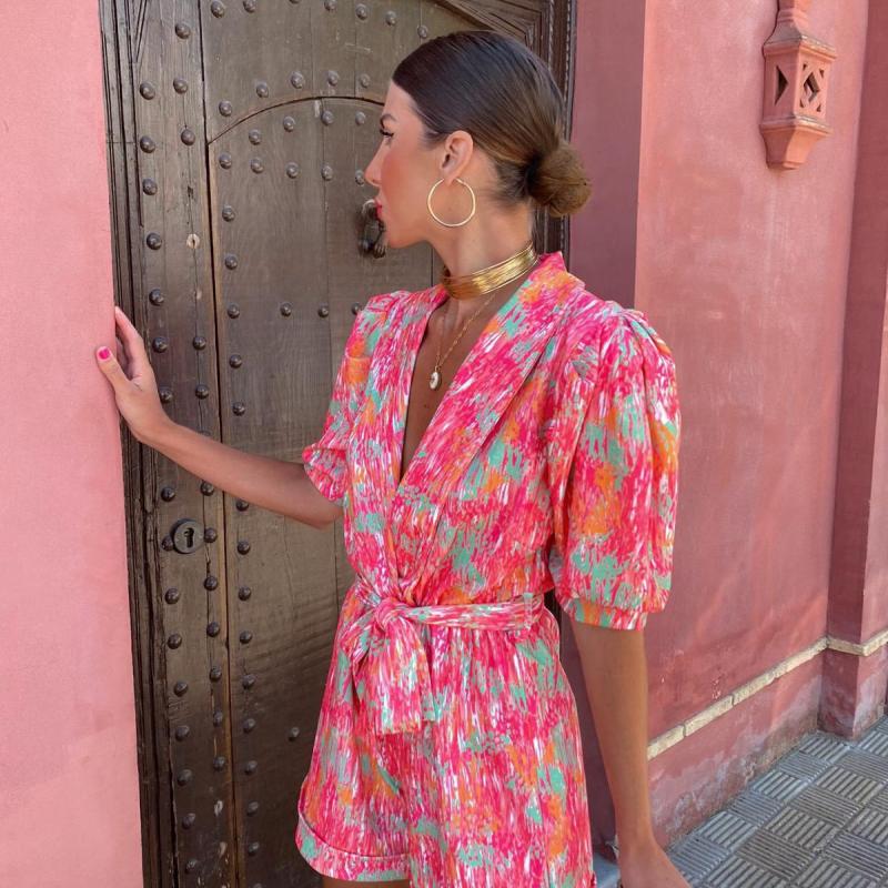 Women Fashion Casual Deep V-Neck Lapel Puff Sleeves Printing Bandage Rompers