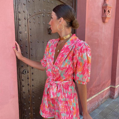 Women Fashion Casual Deep V-Neck Lapel Puff Sleeves Printing Bandage Rompers