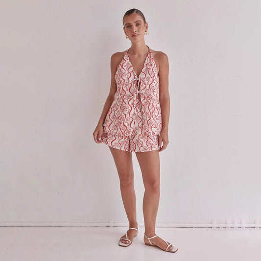 Conjunto de dos piezas para mujer, informal, de vacaciones, con estampado floral, espalda descubierta, con cordones y pantalones cortos sueltos